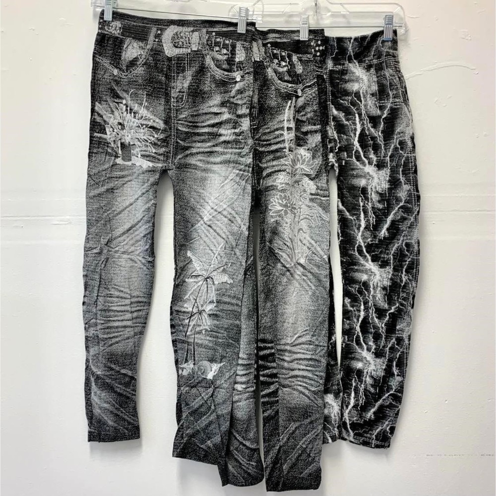 Women's Denim Print Stretch Leggings Jeggings Lightweight Black One Sz S-XL NEW